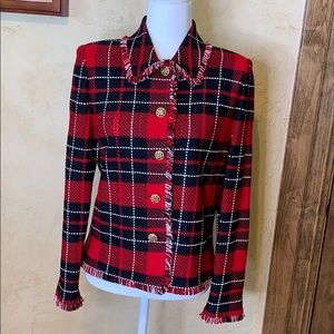 St. John knit jacket, red and black plaid